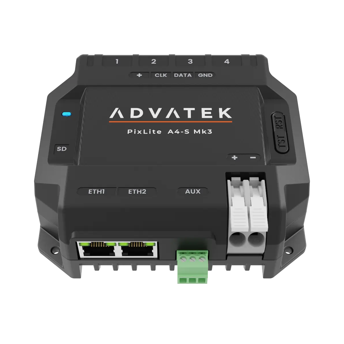 PixLite A4-S Mk3 vu de dessus : deux prises réseau RJ45 ETH1 et ETH2, borne AUX tripolaire, bornes push-in blanches pour l’alimentation, emplacement carte SD et boutons TST et RST.
