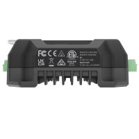 PixLite A4-S Mk3, Unterseite mit Typenschild: Eingangsspannung 5&ndash;24 V DC, 7 A je Ausgang, 28 A gesamt, Zulassungskennzeichen