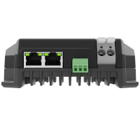 PixLite A4-S Mk3, Anschlussseite frontal: zwei Gigabit-Ports ETH1 und ETH2, dreipolige AUX-Klemme, Stromeinspeisung