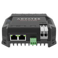 PixLite A4-S Mk3, Anschlussseite schr&auml;g: RJ45-Ports ETH1 und ETH2 mit Status-LEDs, AUX-Klemme, Push-in-Klemmen