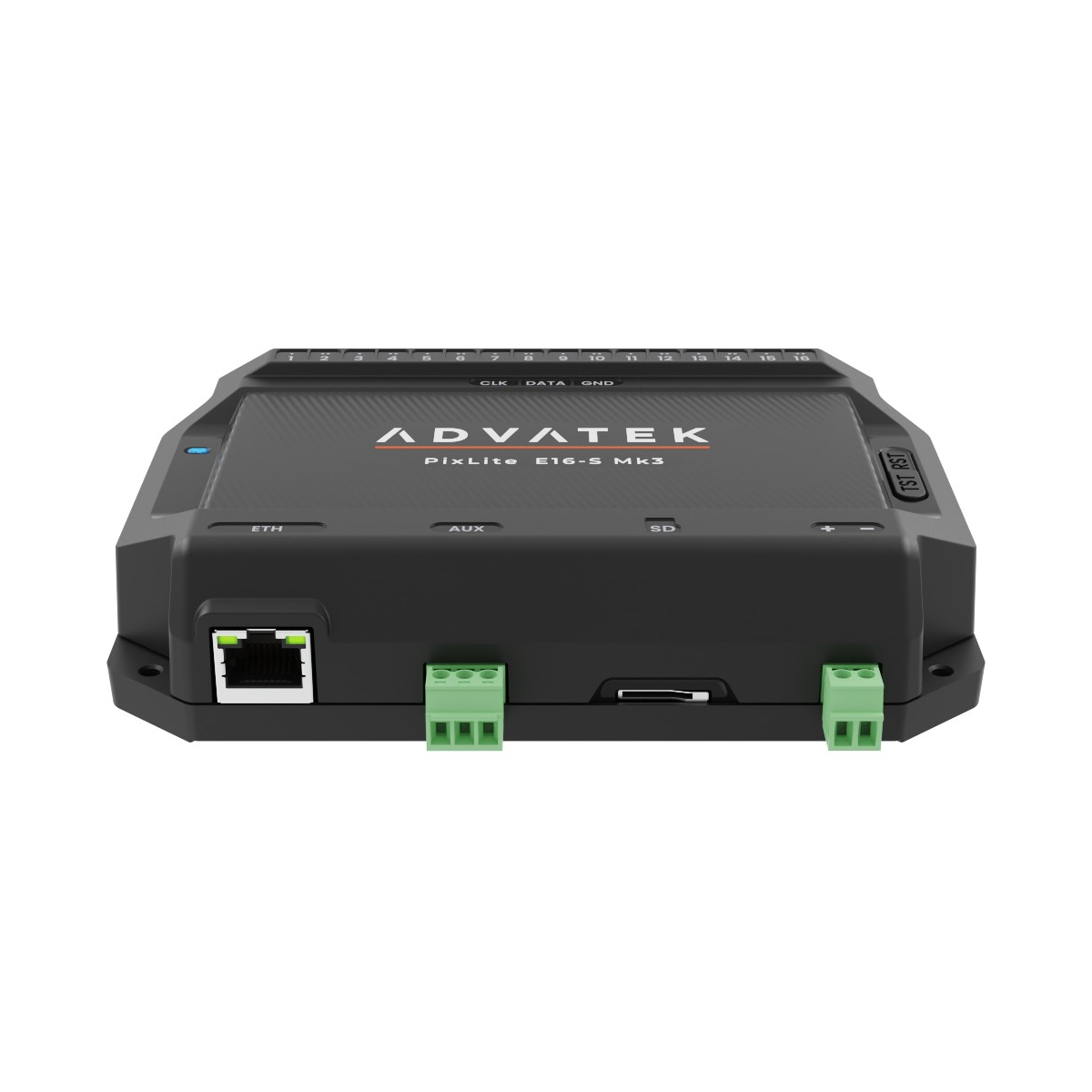 PixLite E16-S Mk3 vu de dessous, monté sur un rail DIN avec le kit rail DIN en option.