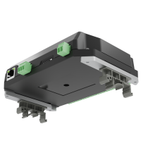 PixLite E16-S Mk3 op een DIN-rail gemonteerd, van onderen...