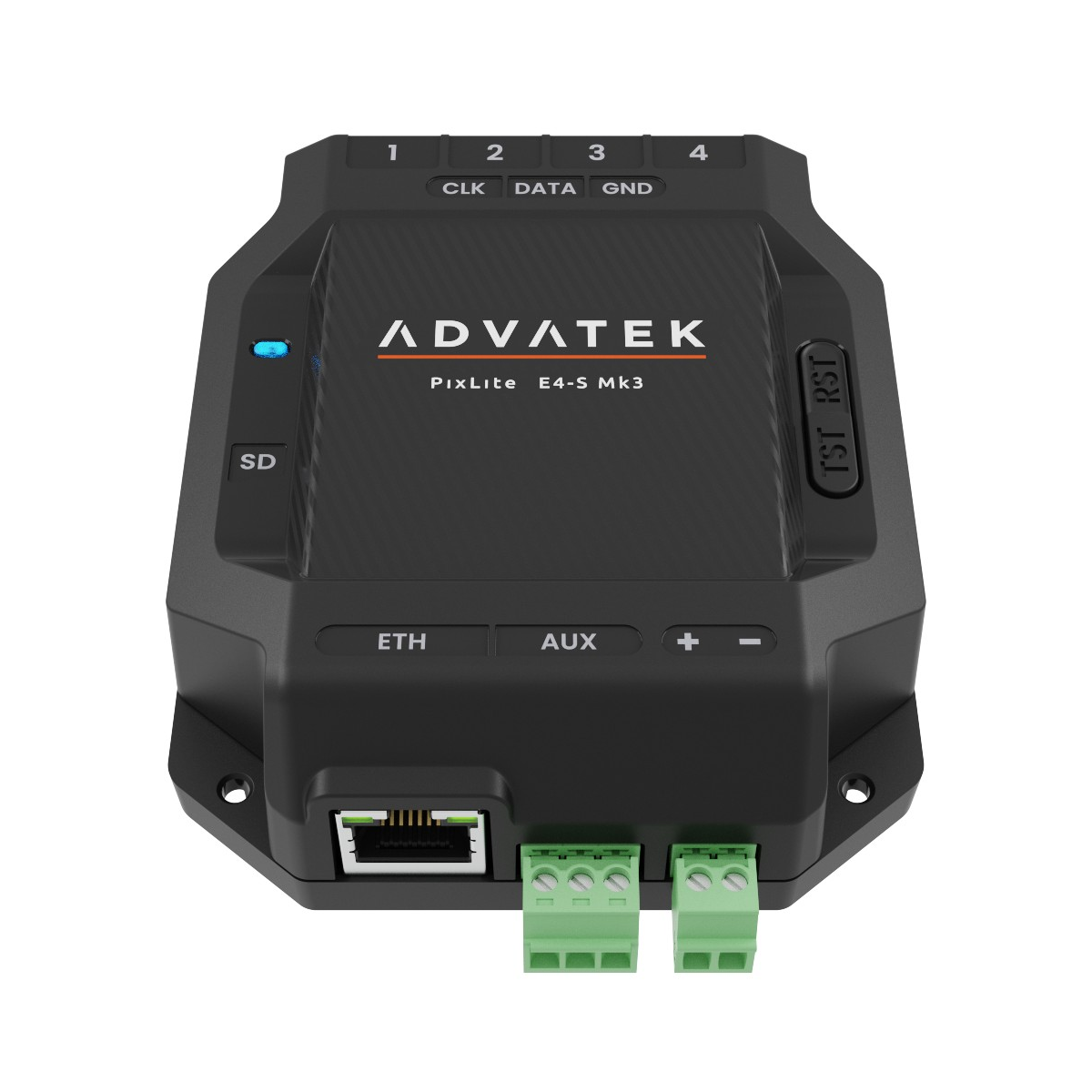 PixLite E4-S Mk3 desde arriba: cuatro bornes enchufables verdes 1 a 4 con los contactos CLK, DATA y GND, en el lateral la ranura SD y los botones TST y RST, abajo ETH, AUX y los bornes + y − de alimentación.
