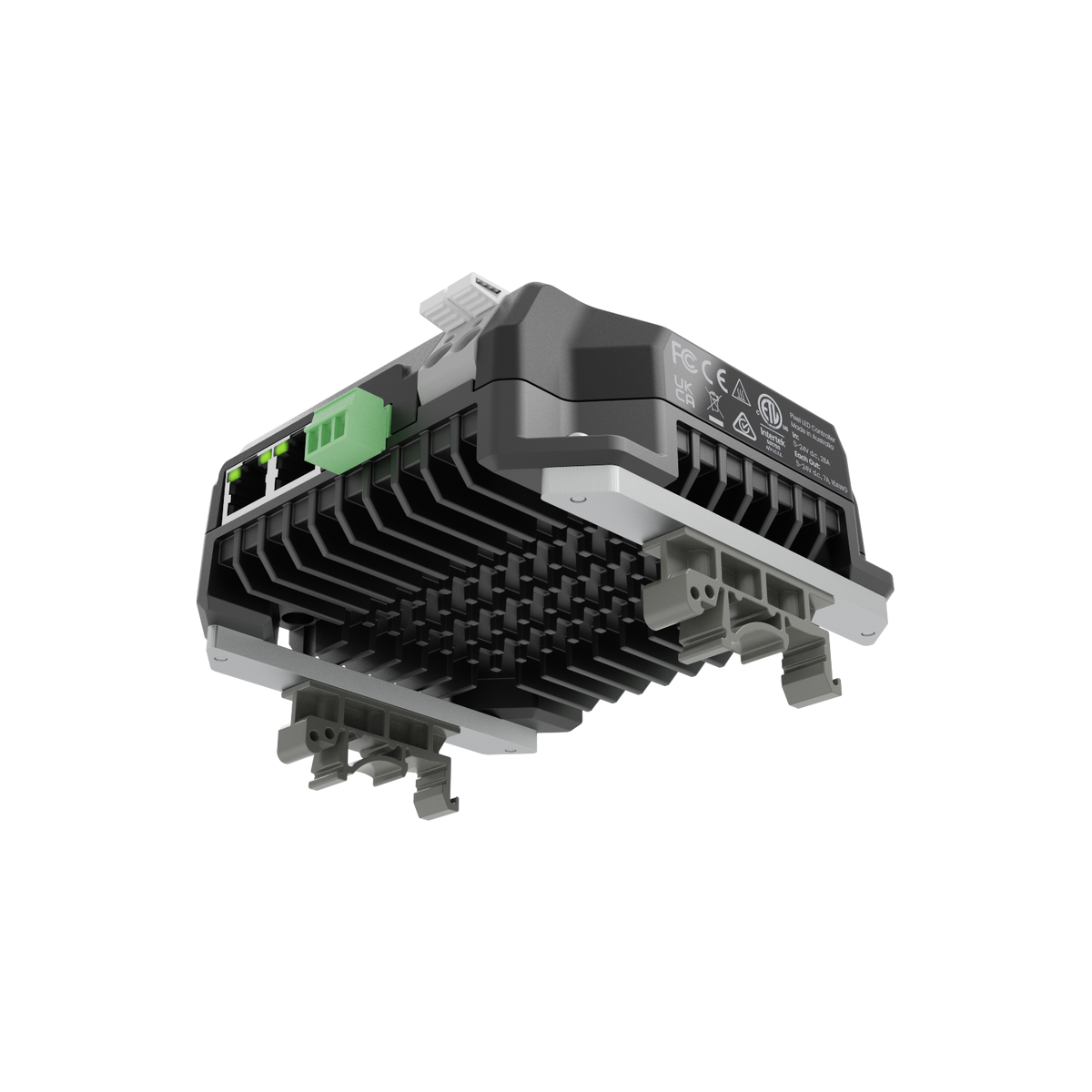 PixLite A4-S Mk3 con disipador en un carril DIN, montado con el kit de carril DIN