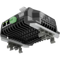 PixLite A4-S Mk3 met koellichaam schuin van onderen op een DIN-rail, gemonteerd met de DIN-rail-kit