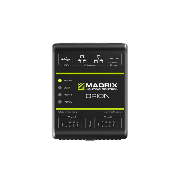 MADRIX ORION visto desde arriba: rotulación, LED de estado y los bornes de las entradas.