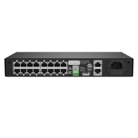 PixLite T16X-S Mk3 da dietro: sedici prese RJ45 per le linee a lunga distanza, morsetto AUX, slot microSD, ETH1 ed ETH2, presa IEC 100–240 V CA
