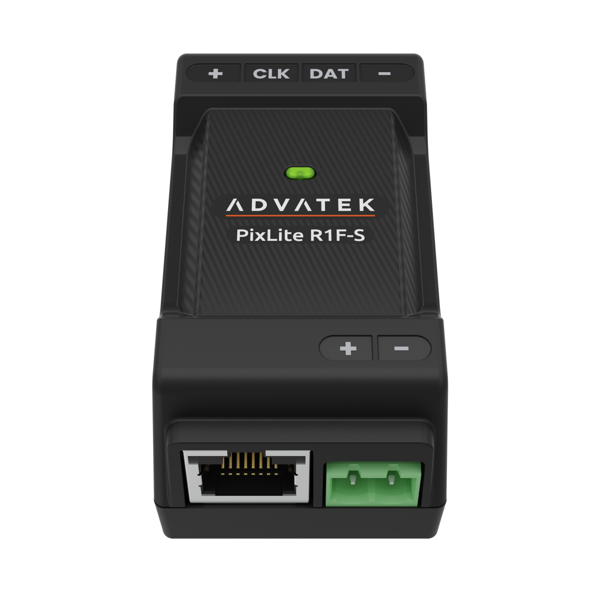PixLite R1F-S de frente: arriba el borne de salida con +, CLK, DAT y −, en el centro el LED de estado, abajo el conector RJ45 para la línea de largo alcance y el borne bipolar + y − para la alimentación.