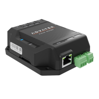 PixLite E4-S Mk3 mit Conformal Coating: Ethernet-Port, Stromklemmen und MAC-Adress-Etikett im Detail