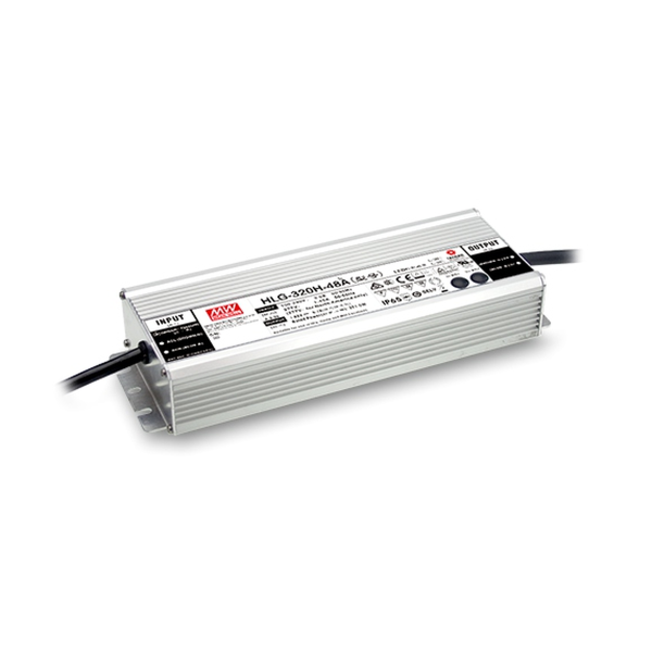 MEAN WELL HLG-320H LED driver in encapsulated aluminium case with connection leads (example image of the series)