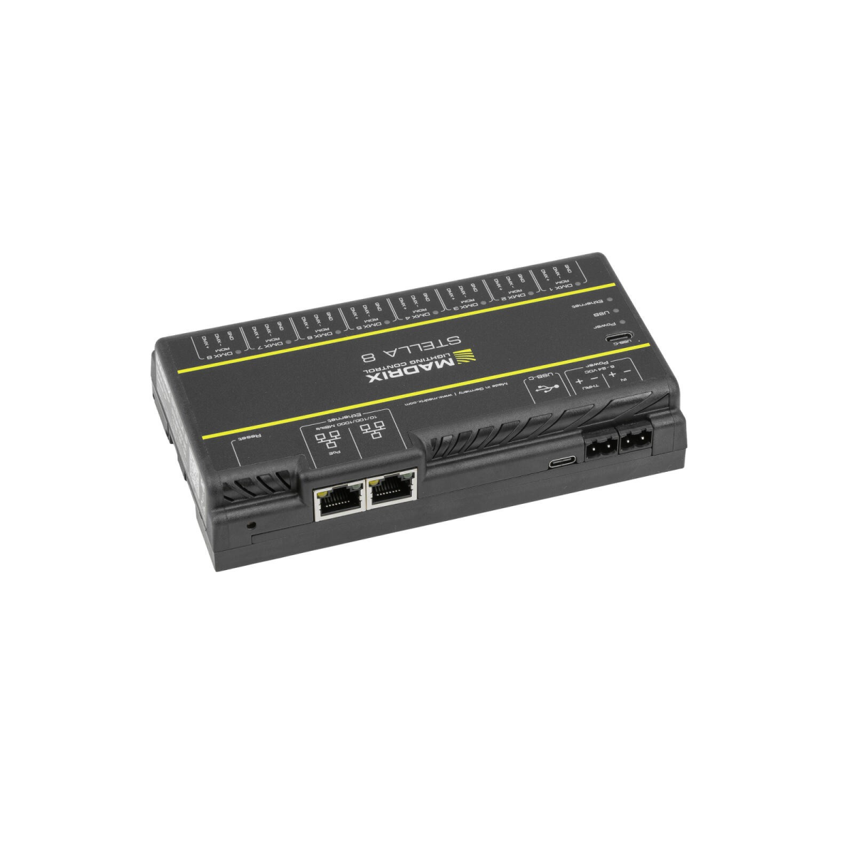 MADRIX STELLA 8 von hinten mit den beiden Netzwerkbuchsen und USB‑C.