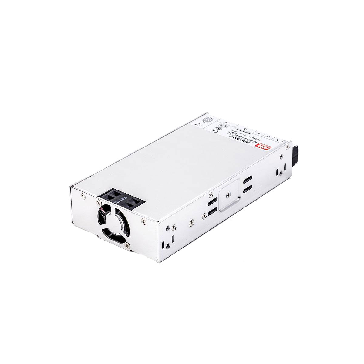 MEAN WELL HRP-300-5 from the rear: metal case with built-in fan and ventilation slots.