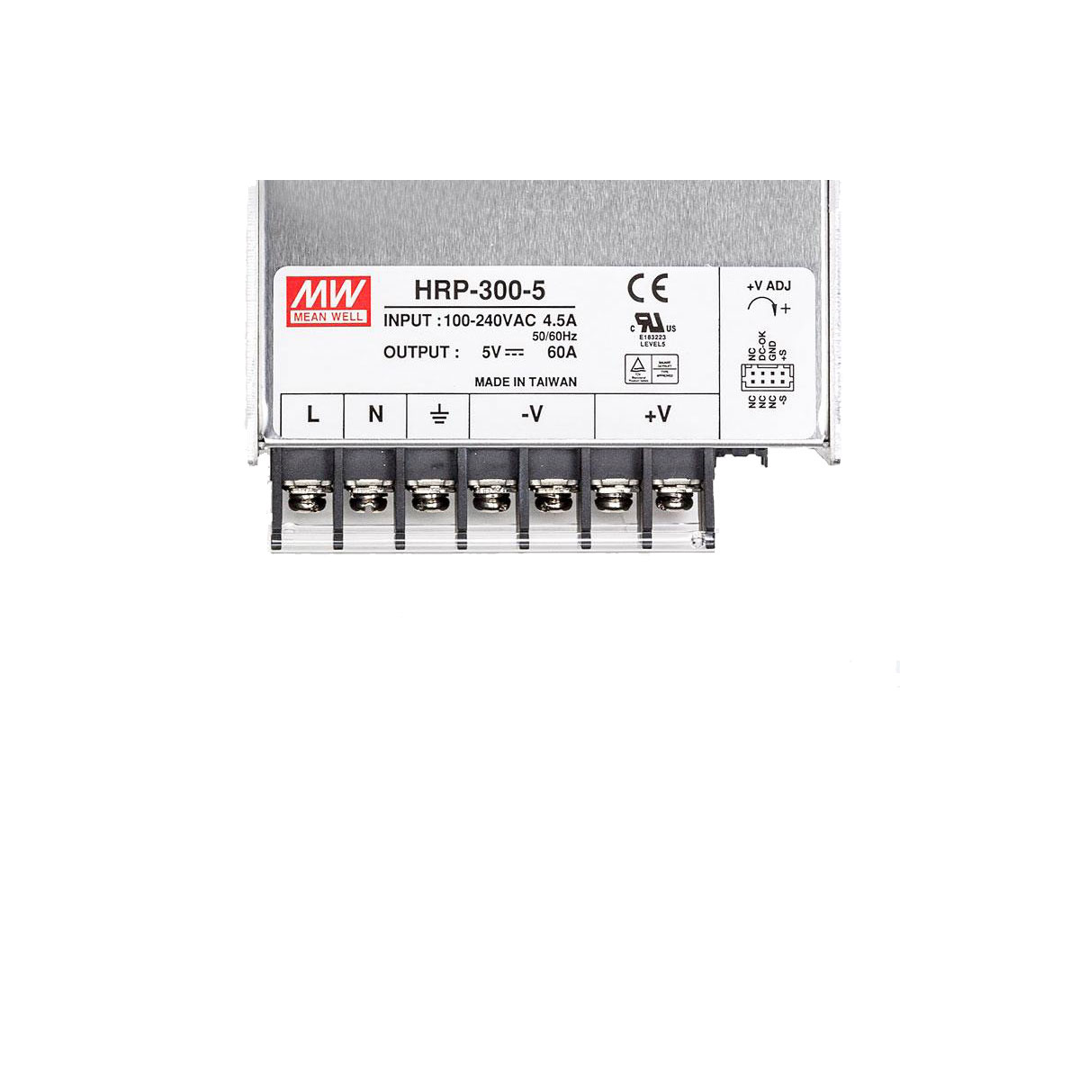 Rating label of the MEAN WELL HRP-300-5 above the terminal strip: terminals L, N and protective earth for the mains connection, next to them two −V and two +V terminals for the 5 V output.