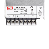 Typeplaatje MEAN WELL HRP-300-5 met klemmen L, N, aarde, −V en +V