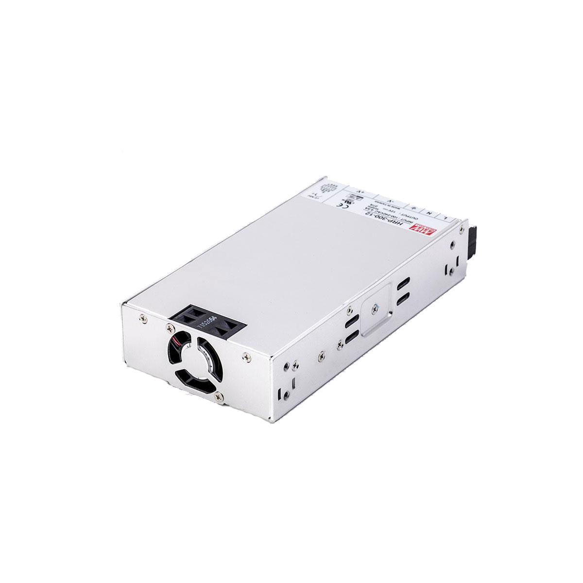 MEAN WELL HRP-300-12 from the rear: metal case with built-in fan and ventilation slots.