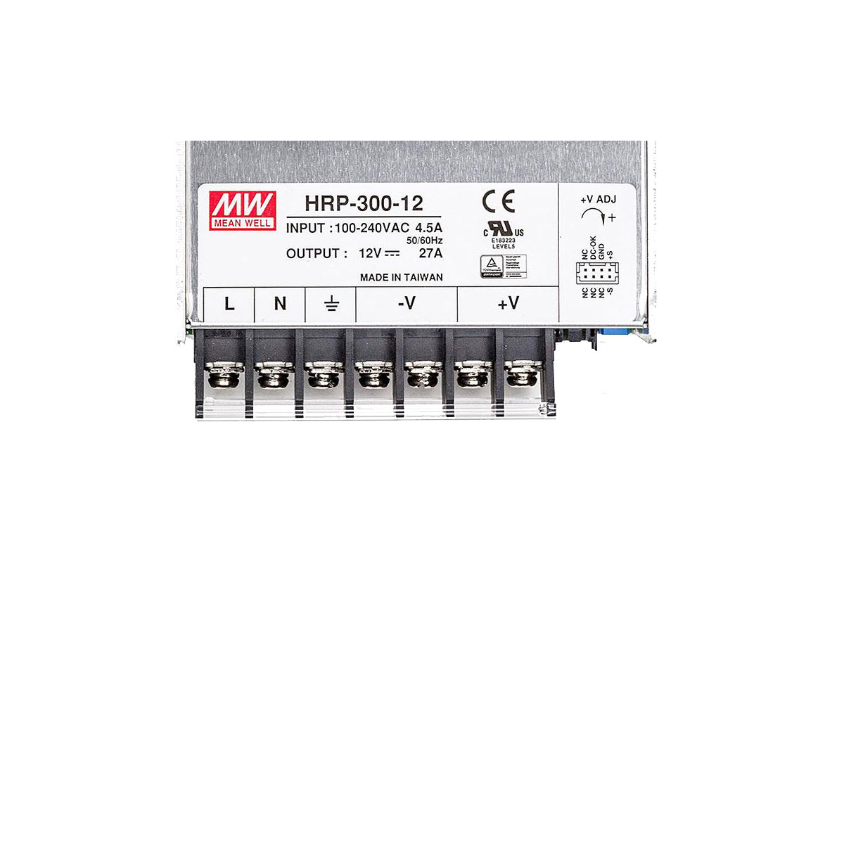Rating label of the MEAN WELL HRP-300-12 above the terminal strip: terminals L, N and protective earth for the mains connection, next to them two −V and two +V terminals for the 12 V output.
