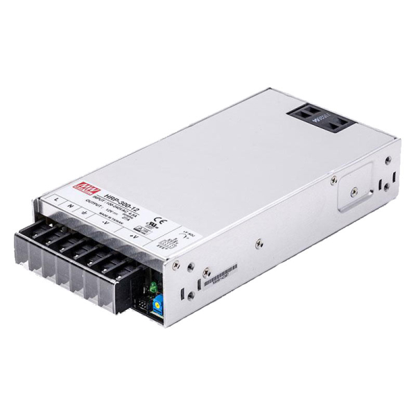 MEAN WELL HRP-300-12 12 V 27 A power supply, angled view with terminal strip
