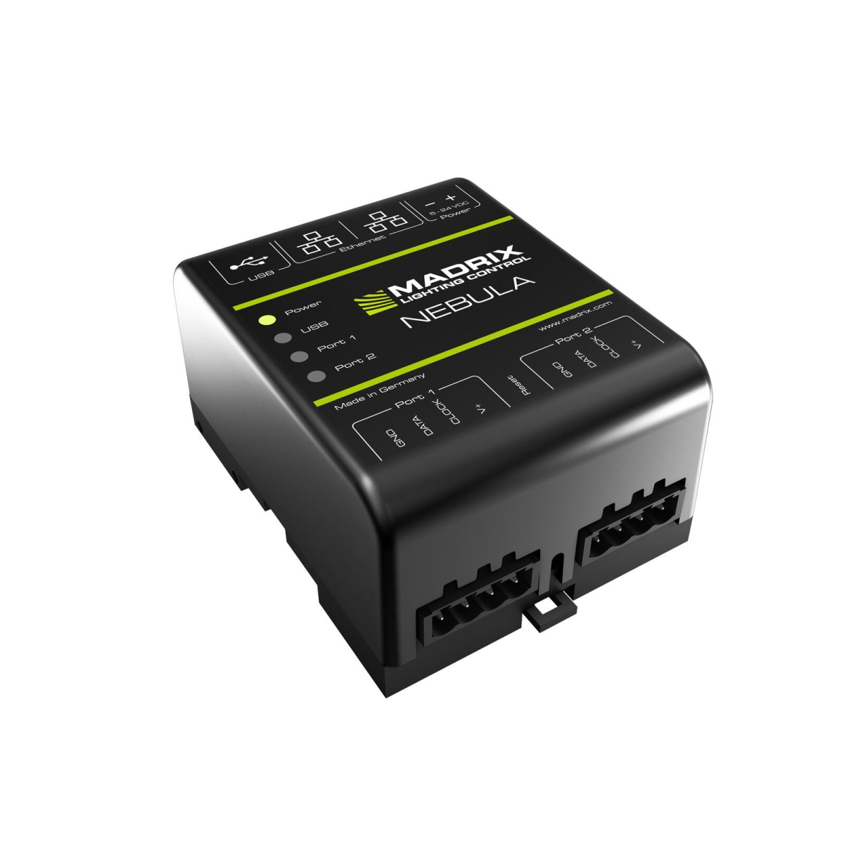 MADRIX NEBULA schräg von oben: oben USB-Buchse, zwei Ethernet-Buchsen und die Klemme für 5 bis 24 V DC, links Status-LEDs für Power, USB, Port 1 und Port 2, vorne zwei vierpolige Steckklemmen mit GND, DATA, CLOCK und V+.