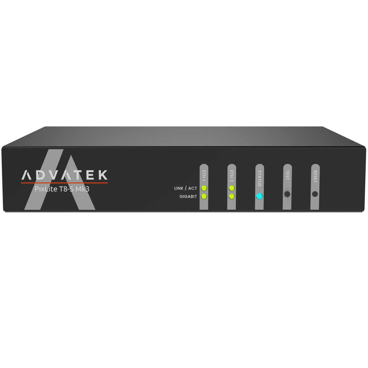 Voorkant van de PixLite T8-S Mk3 met Advatek-opschrift, status-leds voor ETH1, ETH2 en status, en de knoppen TEST en RESET.
