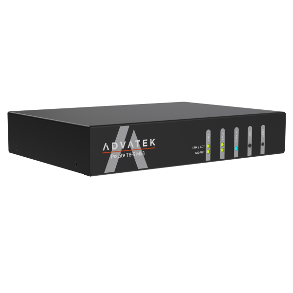PixLite T8-S Mk3, due viste sovrapposte: fronte con LED...