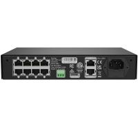 PixLite T8-S Mk3 van achteren: acht RJ45-bussen voor de long-range-lijnen, driepolige AUX-klem, microSD-slot, netwerkpoorten ETH1 en ETH2, IEC-aansluiting 100&ndash;240 V AC