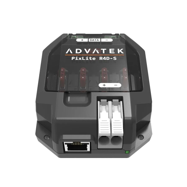 PixLite R4D-S angled from the front with the plug-in terminals removed, RJ45 socket and power terminal