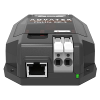 PixLite R4D-S van achteren: RJ45-bus voor de long-range-lijn en witte snelaansluitklem + en &minus;