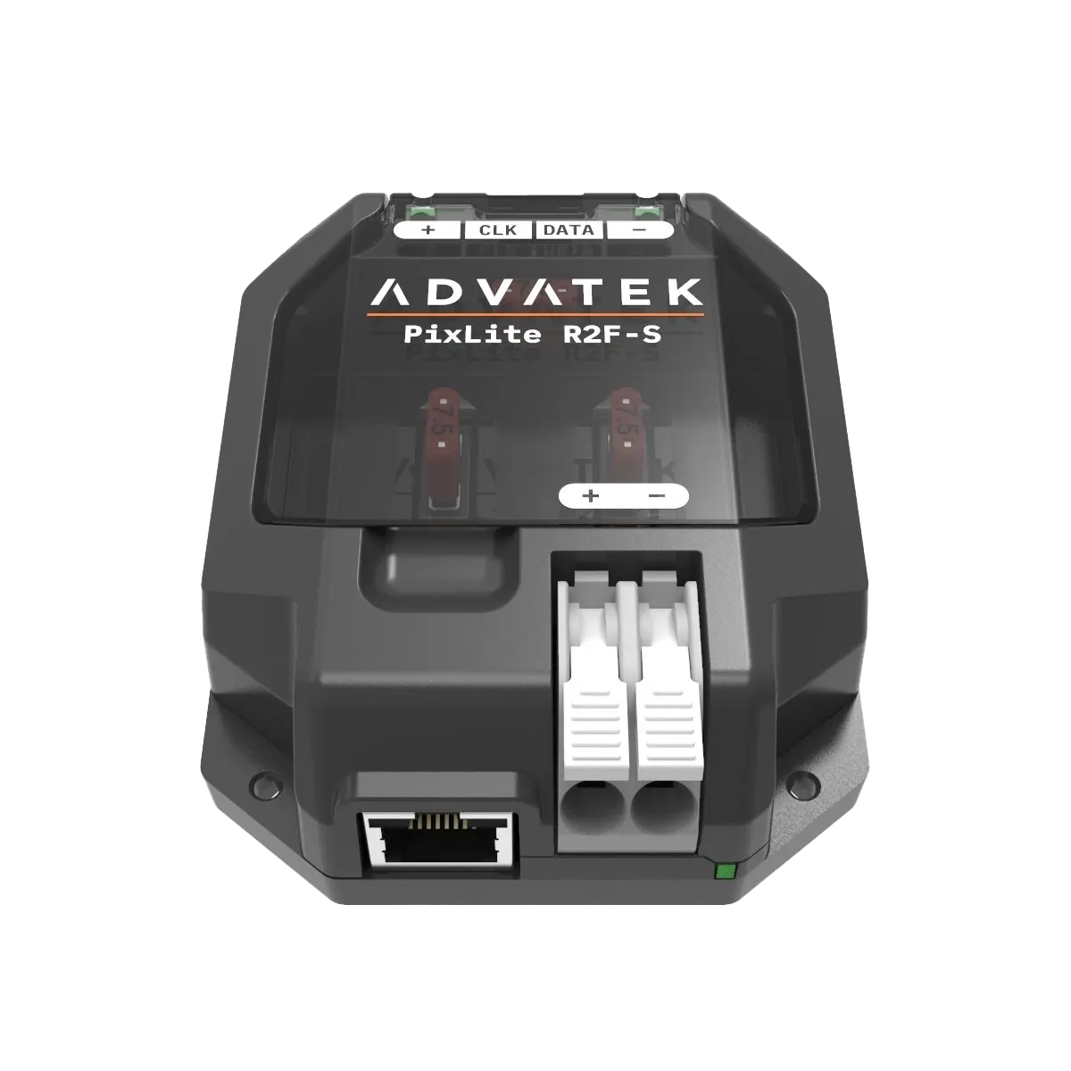 PixLite R2F-S dall'alto: due morsetti di uscita con +, CLK, DATA e −, sotto i due fusibili a lama, in basso la presa RJ45 per la linea a lunga distanza e il morsetto bianco a connessione rapida per l'alimentazione.