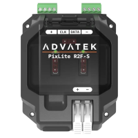 PixLite R2F-S von oben mit geschlossener Klappe, Klemmen +, CLK, DATA, &minus; oben und Versorgung unten