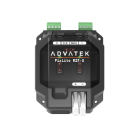 PixLite R2F-S von oben mit geschlossener Klappe, Klemmen +, CLK, DATA, &minus; oben und Versorgung unten