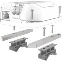 Vista de despiece del kit de carril DIN: carcasa PixLite, placa de fijaci&oacute;n, dos clips de carril DIN y cuatro tornillos