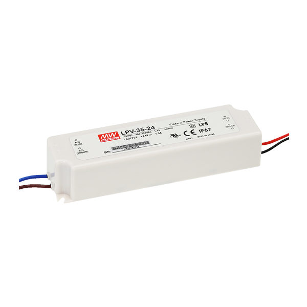 MEAN WELL LPV-35 power supply in encapsulated plastic case with connection leads (example image of the series)